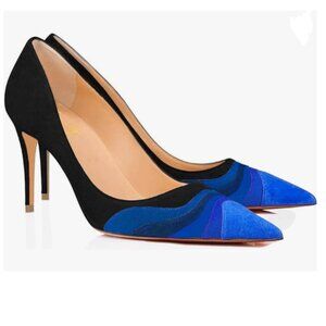 FOWT Black Blue Mid Heel Pointed Toe Pump Slip-on Rainbow Shoes for Dress Party